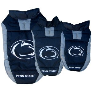large, medium, and small dog puff vests with Penn State and Athletic Logo